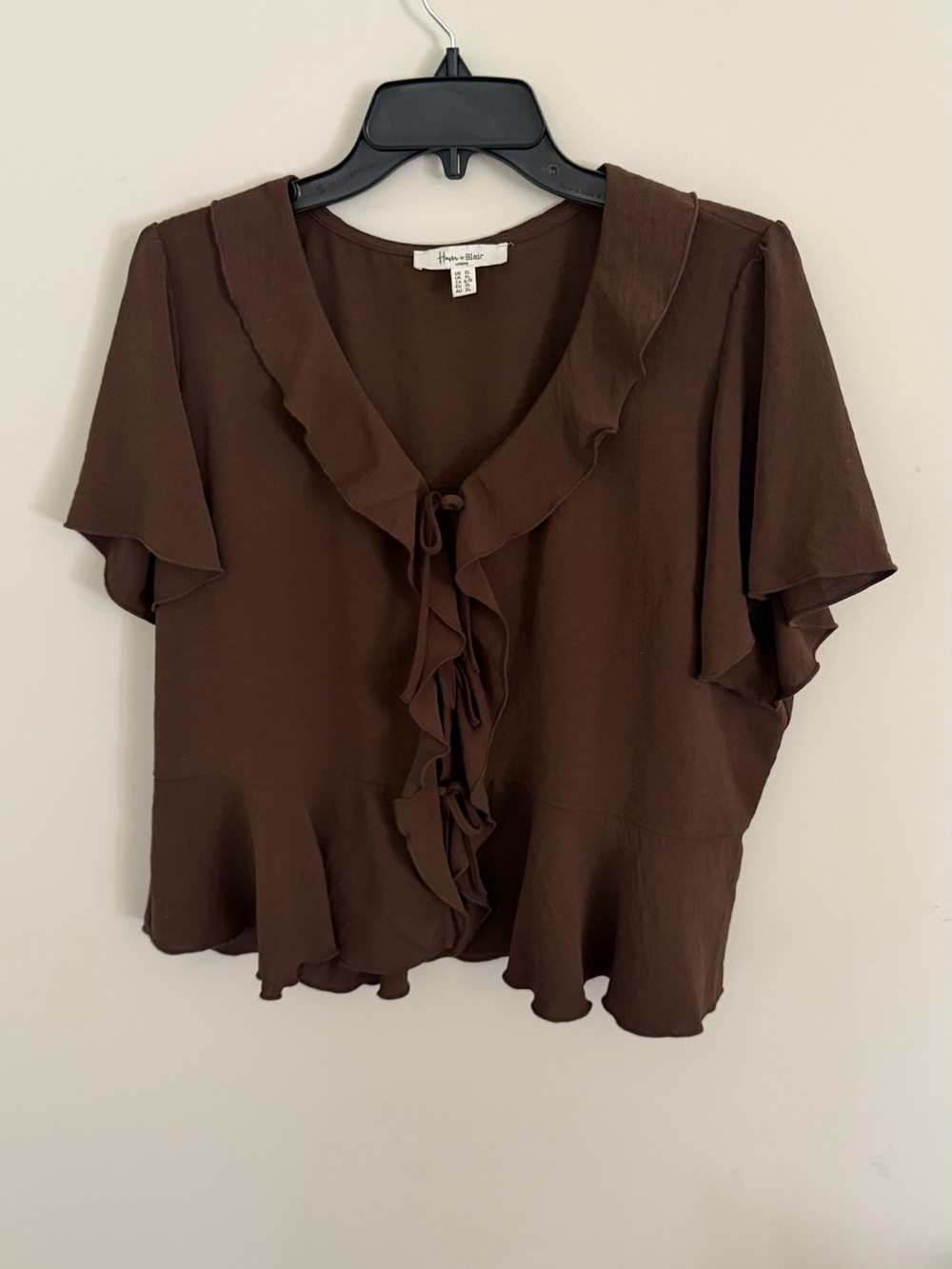 Maison Jules Brown Ruffle Tie-Front Blouse